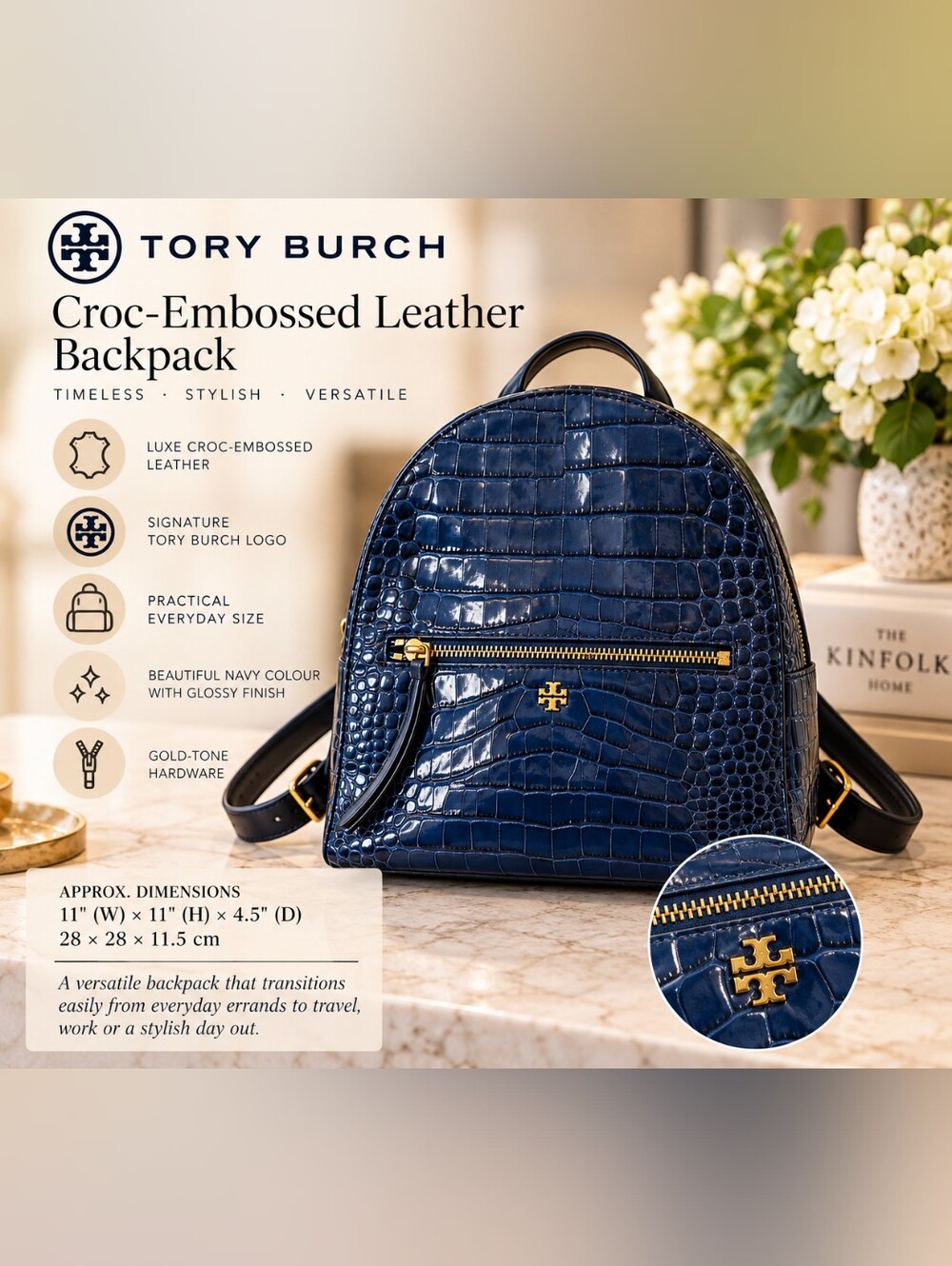 Tory Burch Navy Croc-Embossed Leather Backpack